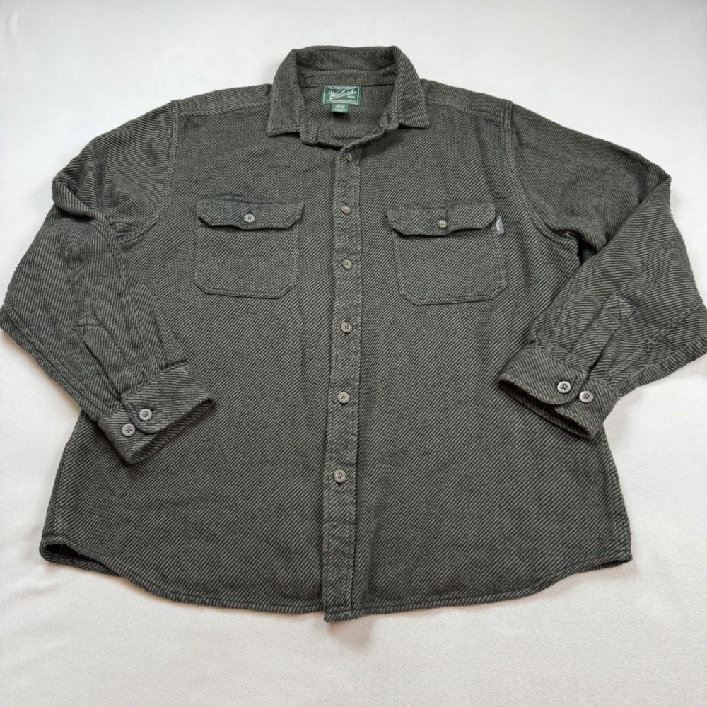 Woolrich Mens XL Grey Black Striped Cotton Flannel Button Down Elbow Patches